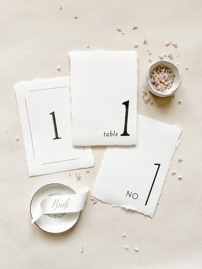 Table Numbers On White Handmade Paper With Deckled Edges 5x7 Inches Classic-Traditional-Modern Designs - Ink Color Options- Wedding Day Of