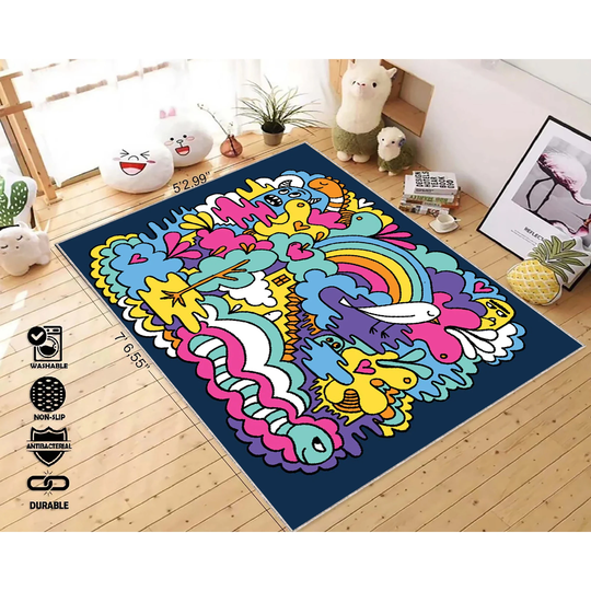 Quirky Colorful Abstract Rug, Doodle Carpet, Trendy Rugs, Unique Bright Colors Vibrant Designer Rug, Carpet Rug