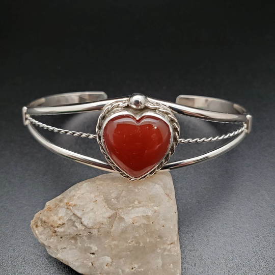 Lovely Heart Shape Bracelet Cuff | Big Carnelian Sterling Silver Healing Stone Southwest