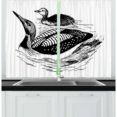 2 Piece Ambesonne Loon Pencil Sketch Illustration of Mother and Baby Silhouettes Swimming in Pond Kitchen Curtain Set