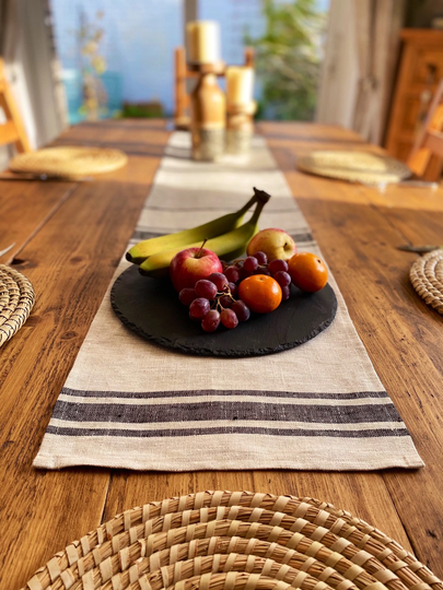 Black French Stripe 100% Linen Table Runner