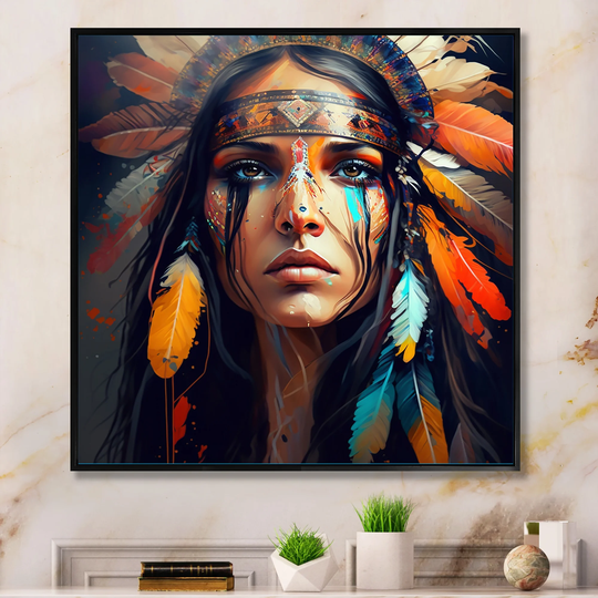 Designart 'Colorful Native American Woman VII' Contemporary Glam Framed Canvas Art Print