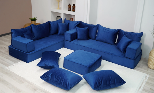 8" Thickness Velvet Fabric Royal Blue L Shaped Couch, Moroccan Livingroom Floor Velvet Sofa Cover, Bed, Arabic Seating