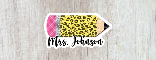 Personalized Teacher Pencil Sticker, Laptop Stickers, Water Bottle Custom Appreciation Leopard Cheetah