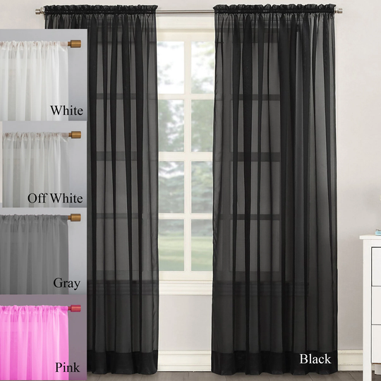 Two Panel Set Of Black Plain Custom Size Sheer Curtain, Net Curtain Drapery, Extra Long, Wide