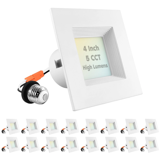 Luxrite 16-Pack 4" Square LED Recessed Can Light 14W=75W 5 Color Option 950 Lumens Dimmable Wet Rated Baffle Trim
