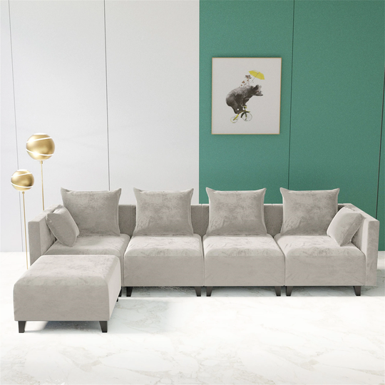 Velvet Square Arm Sofa Sectional Sofa Couch L-shape with 6 Pillows