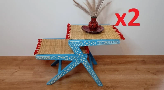 Lot-02Pcs Hand Carved Coffee Tables With Tassels Handmad Coffee, Turqoise Tables, Nightstand, Bedside