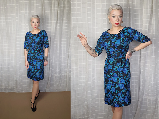 Genuine 1950S 1960S Vintage Blue Black Half Sleeve Cocktail Wiggle Dress - Uk 6 50S 60S Pencil Dark Floral