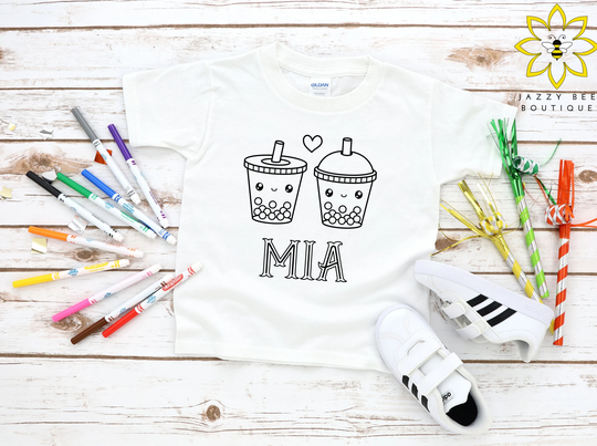 Custom Boba Tea Coloring Shirt For Kids, Color Your Own Shirt, Personalized Cute Tea Love Valentine's Tee