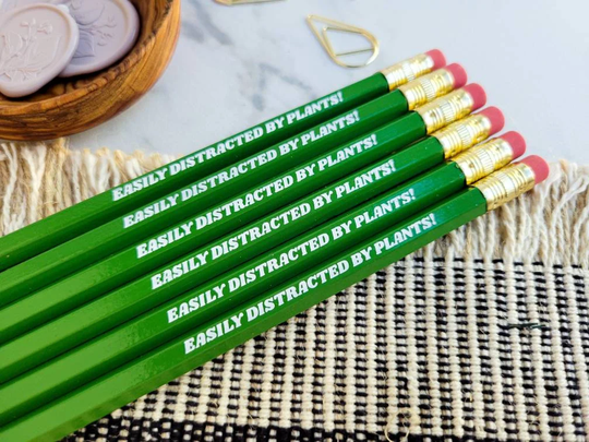 Set Of 6 No. 2 Pencils, Easily Distracted By Plants, Green Pencil, Pack Funny Plant Lovers Gift, Great Pencils