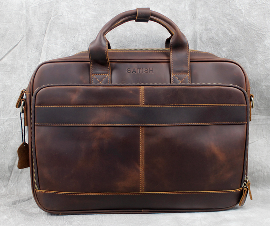 17" Personalized Leather Briefcase, Genuine Messenger Bag, School Office Laptop Shoulder Best Gift