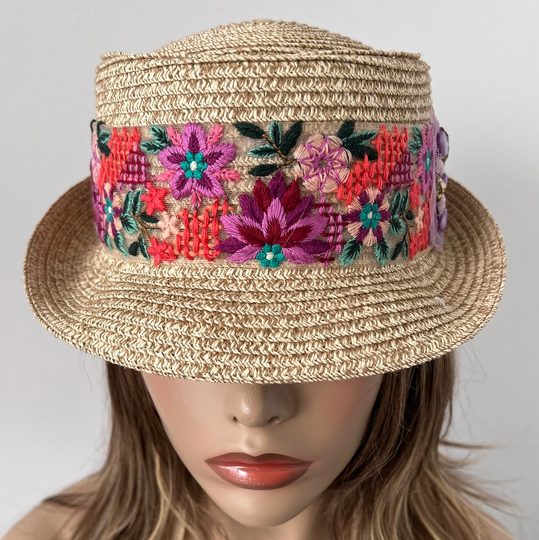 Beige Straw Hat With Embroidered Ribbon & Beaded Appliqué, Women Hat, Church, Summer 22" Up To 23" S/M Ready Ship