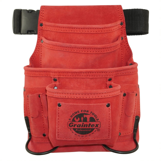 10-Pocket Suede Leather Red Tool Pouch With Belt