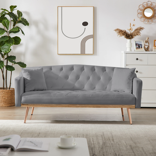 Modern Velvet Fabric Padded Sofa Bed Tufted Stitching Back Convertible Futon Sofa with 3 Adjustable Positions and Metal Legs