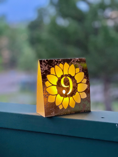 Sunflower Table Numbers Luminaries Gold, Copper, White, Vanilla, Kraft Rustic Wedding Decor