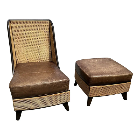 Cane Back Leather Lounge Chair & Ottoman