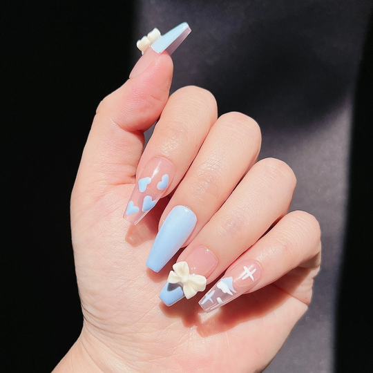 Kawaii Baby Blue Heart Press On Nails, Cute Coffin Fake Winter Nail, Luxury