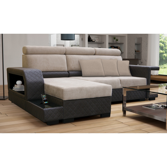 Aliso Modern Beige and Grey Fabric Upholstered Convertible Sectional Sofa with Left Facing Storage Chaise