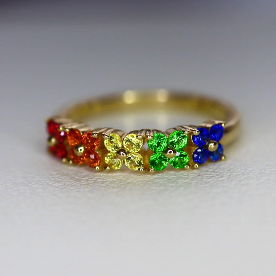 Made To Order/5-Color Floral Rainbow Band/14K Solid Gold/Rainbow Pride Ring/Rainbow Wedding Band/Half Eternity Band