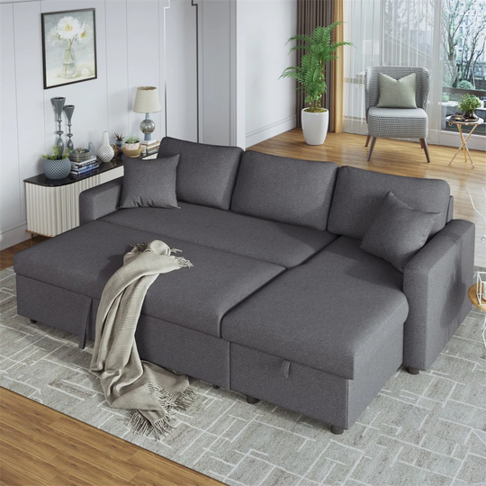 Upholstery Sleeper Sectional Sofa Grey with Storage Space, 2 Cushions