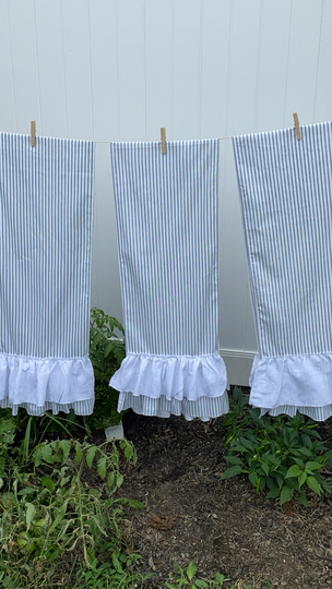 Farmhouse Table Ruffled Runner | Ticking Navy Blue Striped