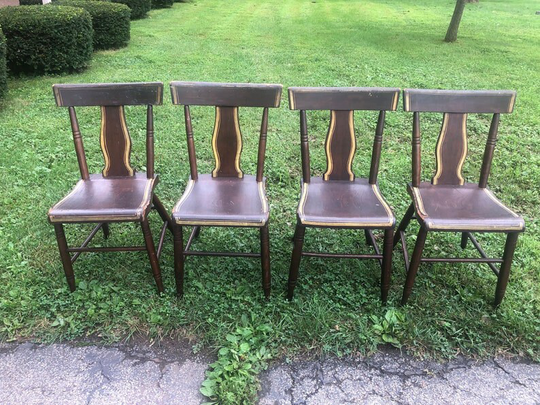 Set Of 4 Antique Wood Dining Chairs, Plank Seat Primitive Hand Painted, Farm House Small Kitchen