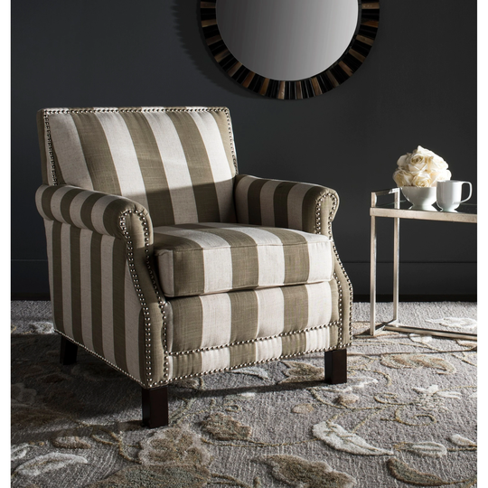 SAFAVIEH Easton Taupe/White Stripe Silver Nailhead Striped Club Chair - 28.3" x 33.1" x 31.7"