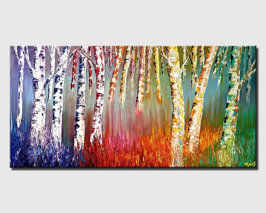 Colorful Abstract Painting, Birch Blooming Trees Textured Trees Art On Canvas By Osnat - Made-To-Order