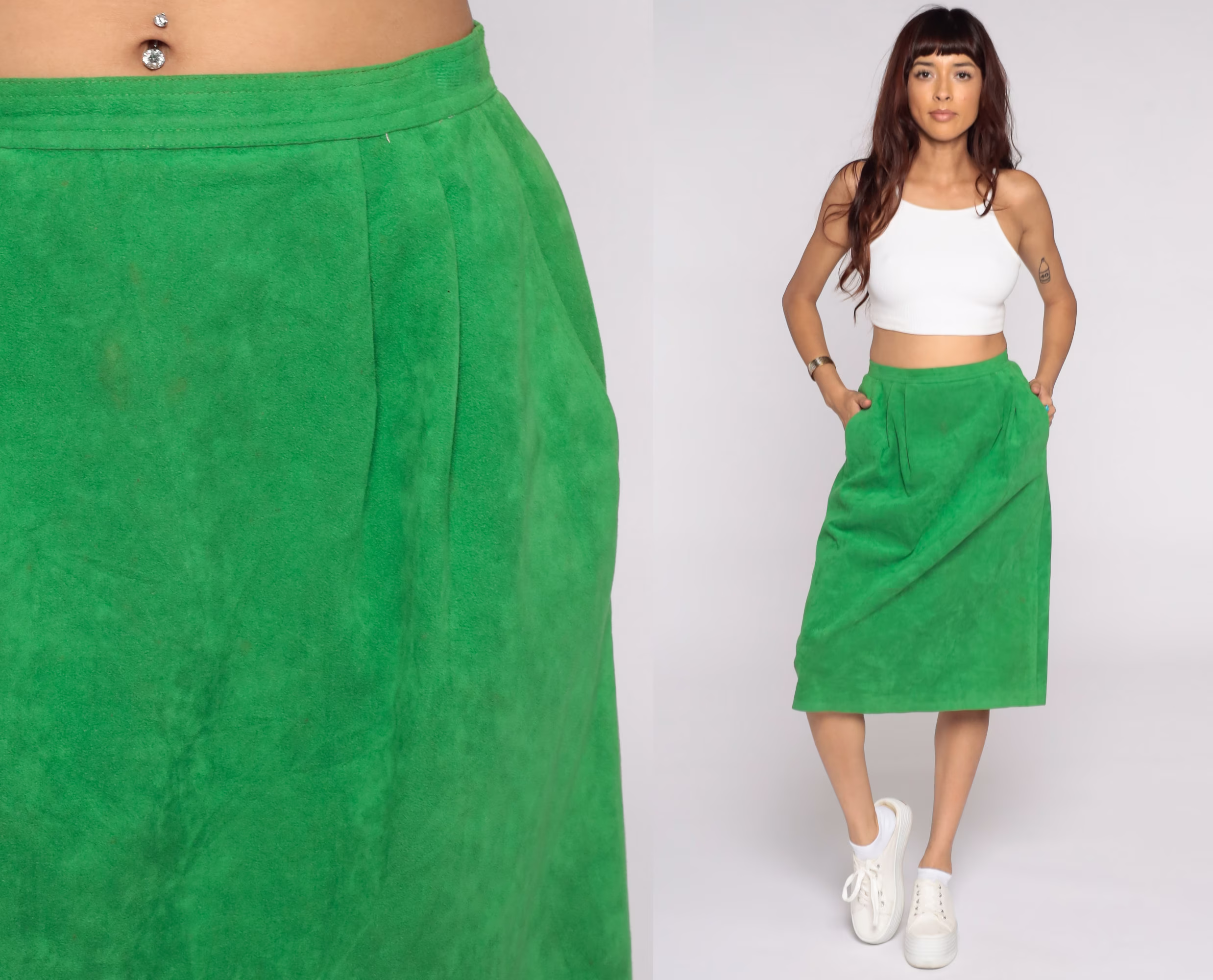 80S Pencil Skirt Green Faux Suede 1980S Vintage High Waist Wiggle Midi Small