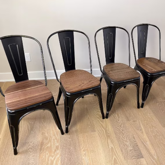 Set Of 4 - Metal Dining Chair, Steel Wood Seat, Cafe Chair