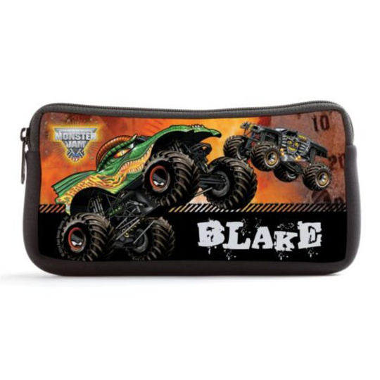 Monster Jam Revved Up Black Pencil Case, Small Name Zipper Bag, Personalized Case, Customized Kids Pencils Pouch, Back To School Supplies