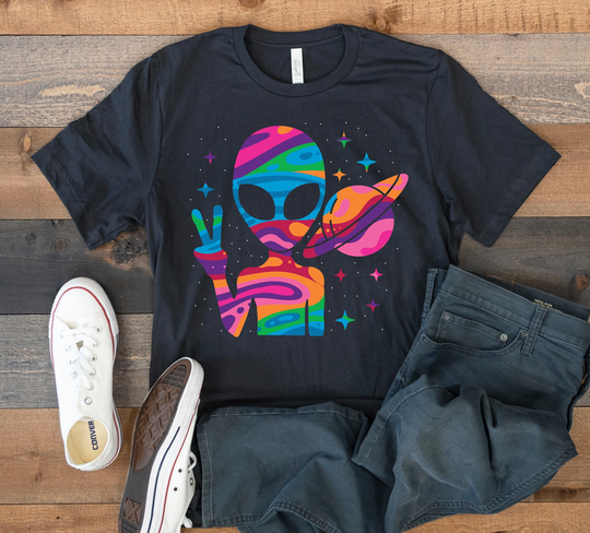 Colorful Alien Peace T-Shirt, Psychedelic Aliens Tank Top, Hoodie, Sweatshirt, Long Sleeve, Kids Tee Apparel Gift