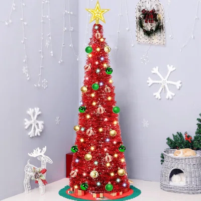 4' 11" H Red Christmas Tree with 50 LED Lights and Ball Ornaments