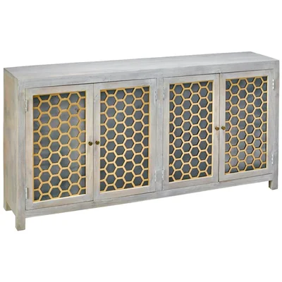 80 Inch Antiqued White Wash 4 Glass Doors Honeycomb Brass Overlay Sideboard Bee