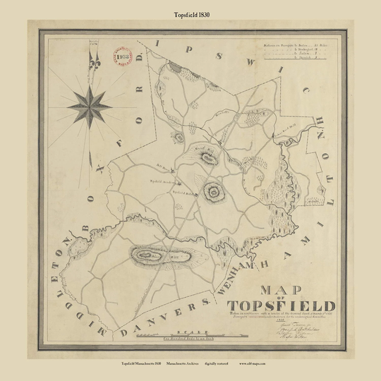 Topsfield 1830 Town Plan - Old Roads Reprint Restored Massachusetts Archives Ma