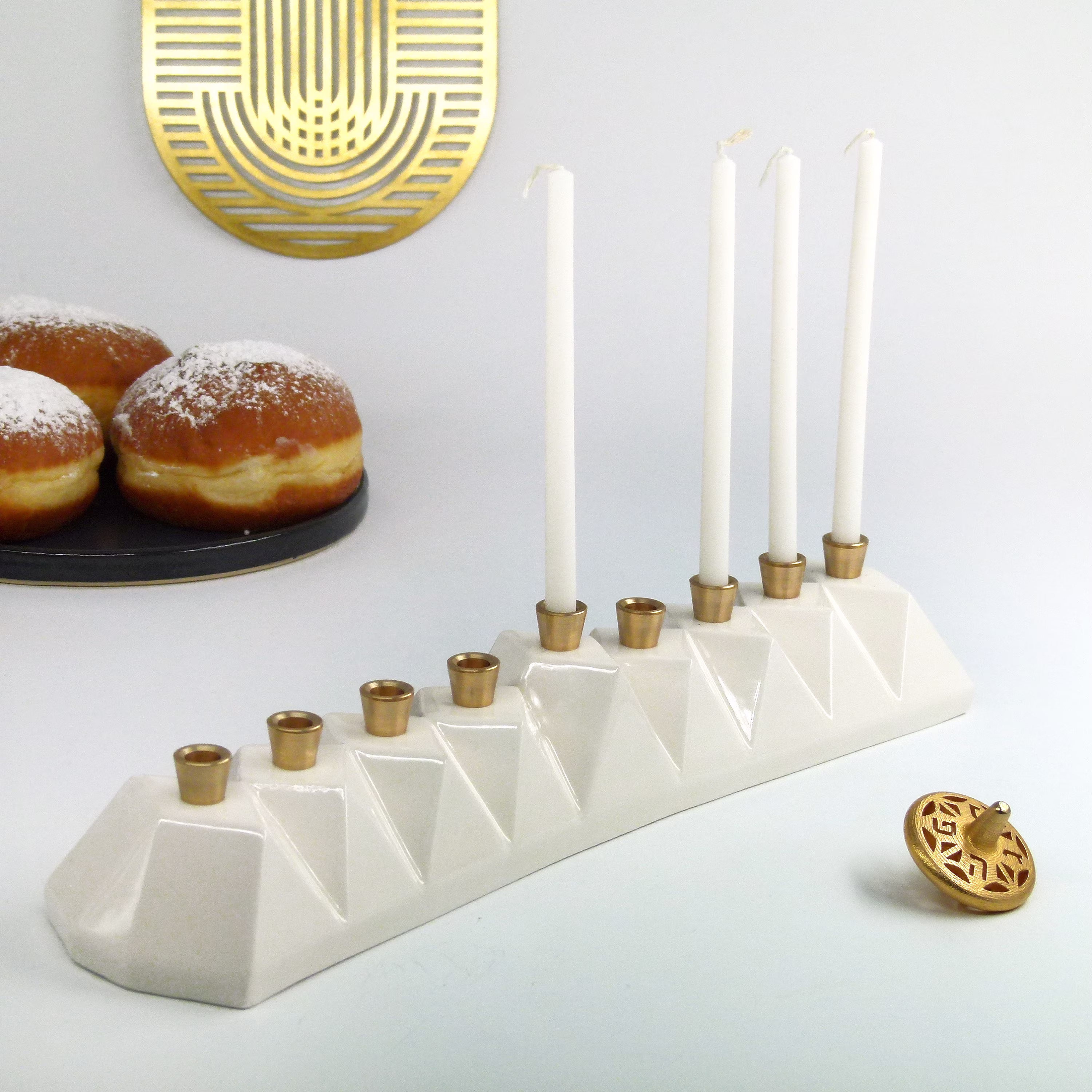 Chanukah Menorah, Jewish Gift, Judaica, Hanukkah Modern Candelabra, Ceramic White, With Brass Canes