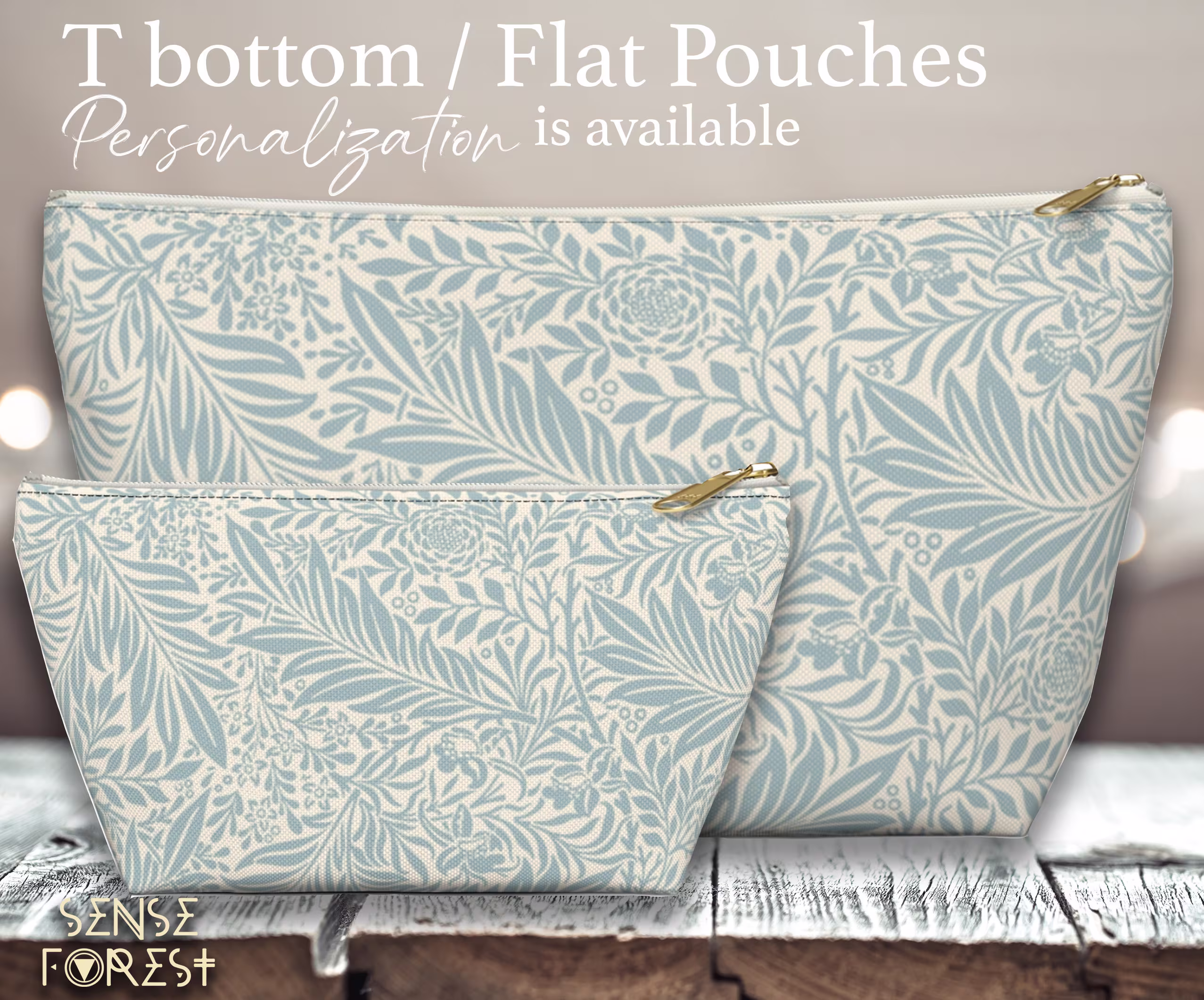 French Teal Blue Boho Floral Pencil Pouch, Cute Cosmetic T Pouch, Travel Makeup Bag, Crystal Zipper Toiletry Organizer