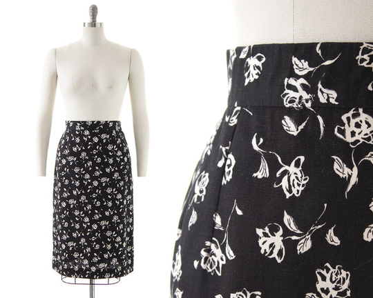 Vintage 1960S Pencil Skirt | 60S Rose Floral Printed Black Cotton High Waisted Wiggle Below Knee Office Secretary | Medium