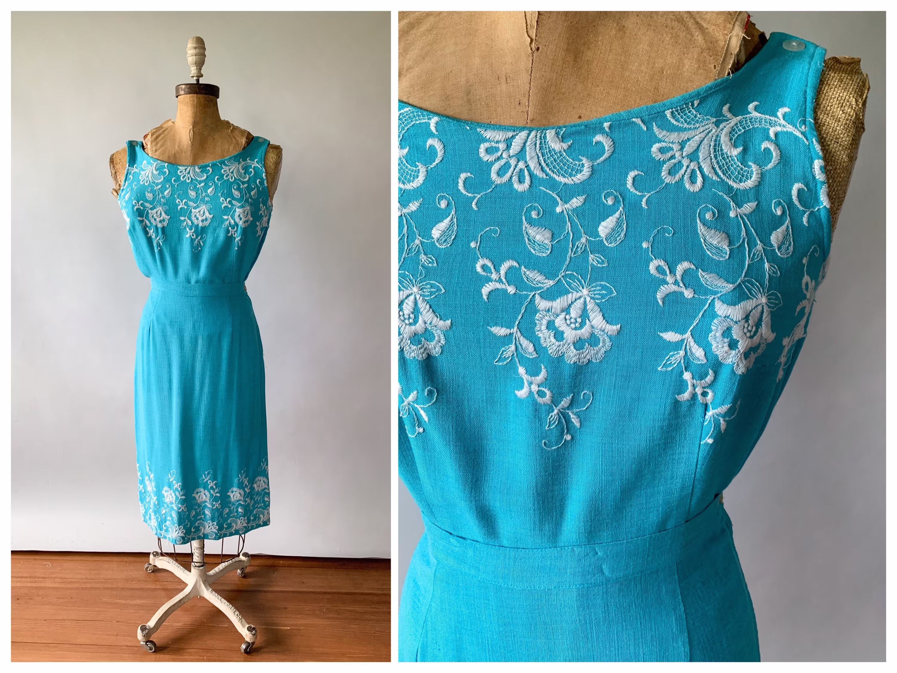 Vintage 50S Set, 1950S Aqua Blue Cotton Linen Embroidered Top & Skirt Fitted Tank, Pencil Skirt, 2Pc Medium