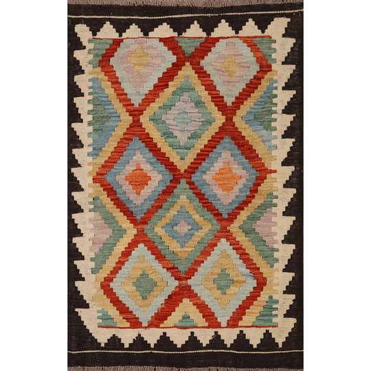 Reversible Multi-Color Kilim Oriental Area Rug Flat-weave Wool Carpet - 2'10" x 4'1"