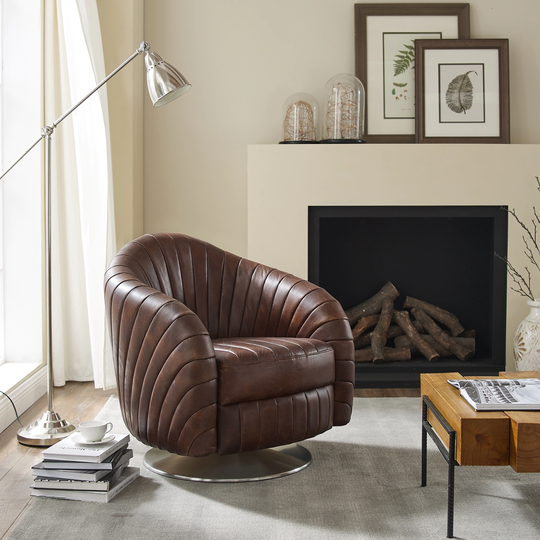 Art Leon Industral Rustic Top Grain Leather Swivel Barrel Accent Chair
