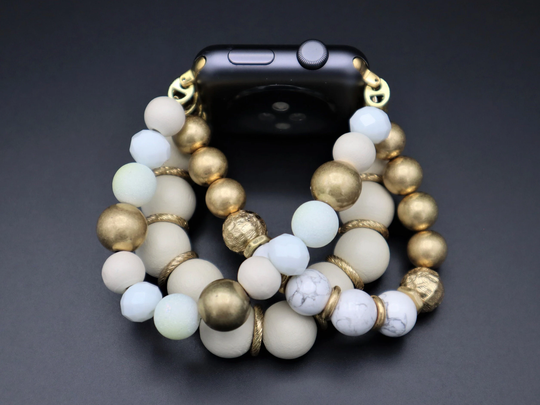 Handmade Crystals Howlite Wood Chunky Gold Beads Apple Samsung Fitbit Watchband, 4, Active 40mm 44mm. Versa 1-2-3, Stretchy Band