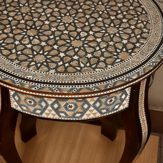 Coffee Side Table With Exquisite Mother Of Pearl Inlay/Wooden Round Mosaic Entryway Side Table, Moroccan Furniture