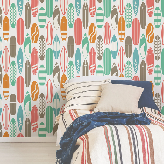 Surfing Theme Wallpaper - Retro Colors Surfboards Peel & Stick Removable Custom Self Adhesive Mural Surfer Teens 198