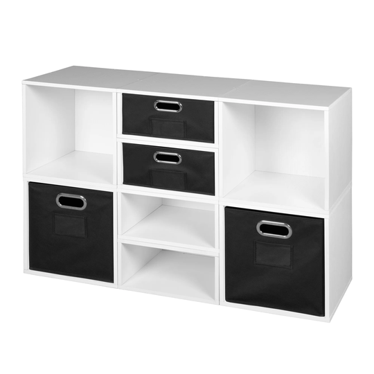 Noble Connect Storage Set- 4 Full Cubes/4 Half Cubes with Foldable Storage Bins- White Wood Grain/Black