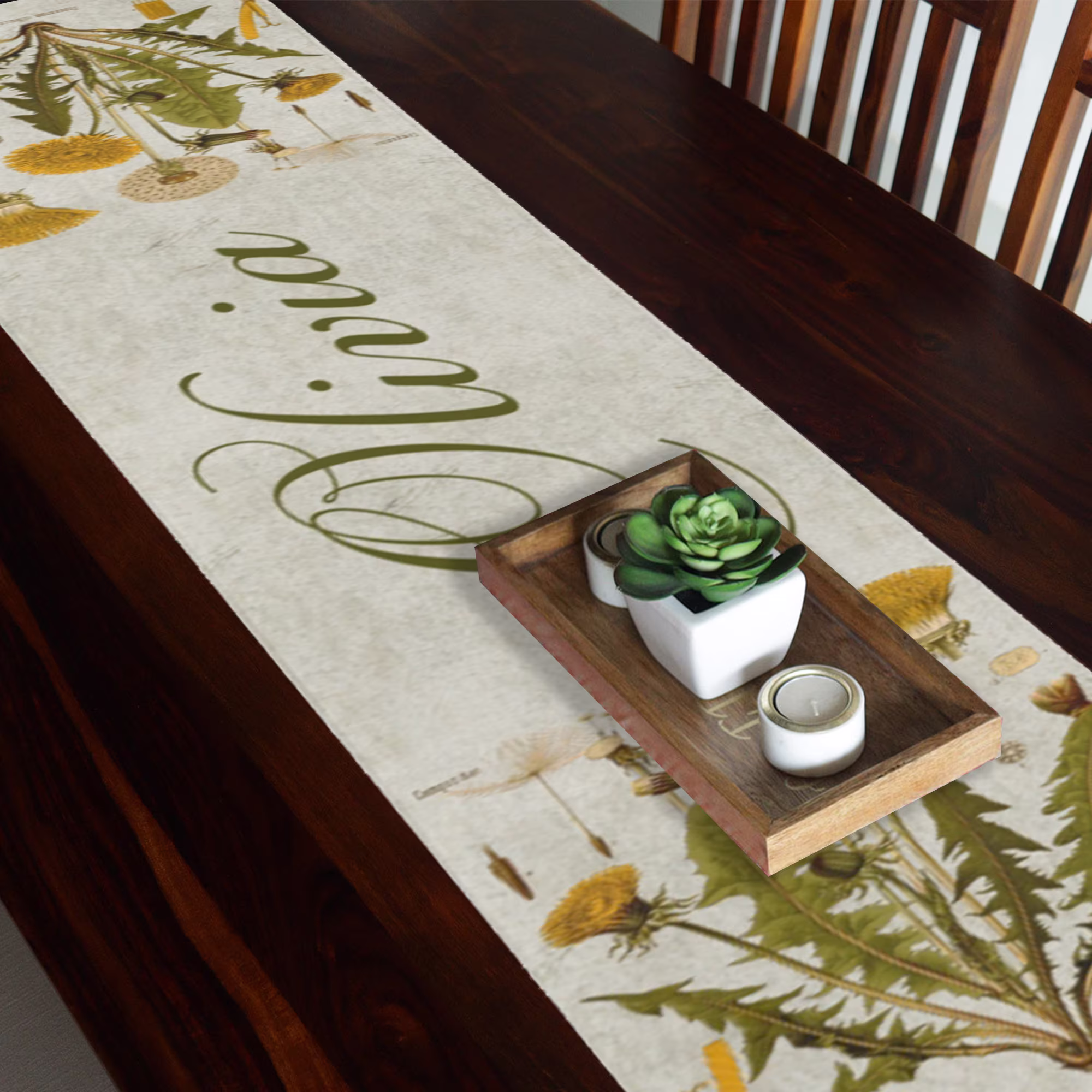 Vintage Table Runner Floral, Botanical Runner, Personalized Dandelion Flowers Cloth