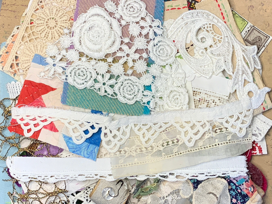 Vintage Textile Inspirational Kit/Mixed Media Art/ Textile Snippet Grab Bag Slow Stitch Fabric Bits