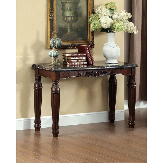 Traditional Espresso Solid Wood Sofa Table Faux Marble Top Intricate Design Living Room Furniture,Coffee, Sofa & End Tables