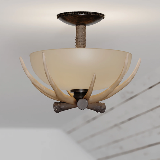 Yoho 12-in W Bronze Rustic Antler Bowl Semi Flush Mount Ceiling Light Cream Glass - 12-in W x 11-in H x 12-in D
